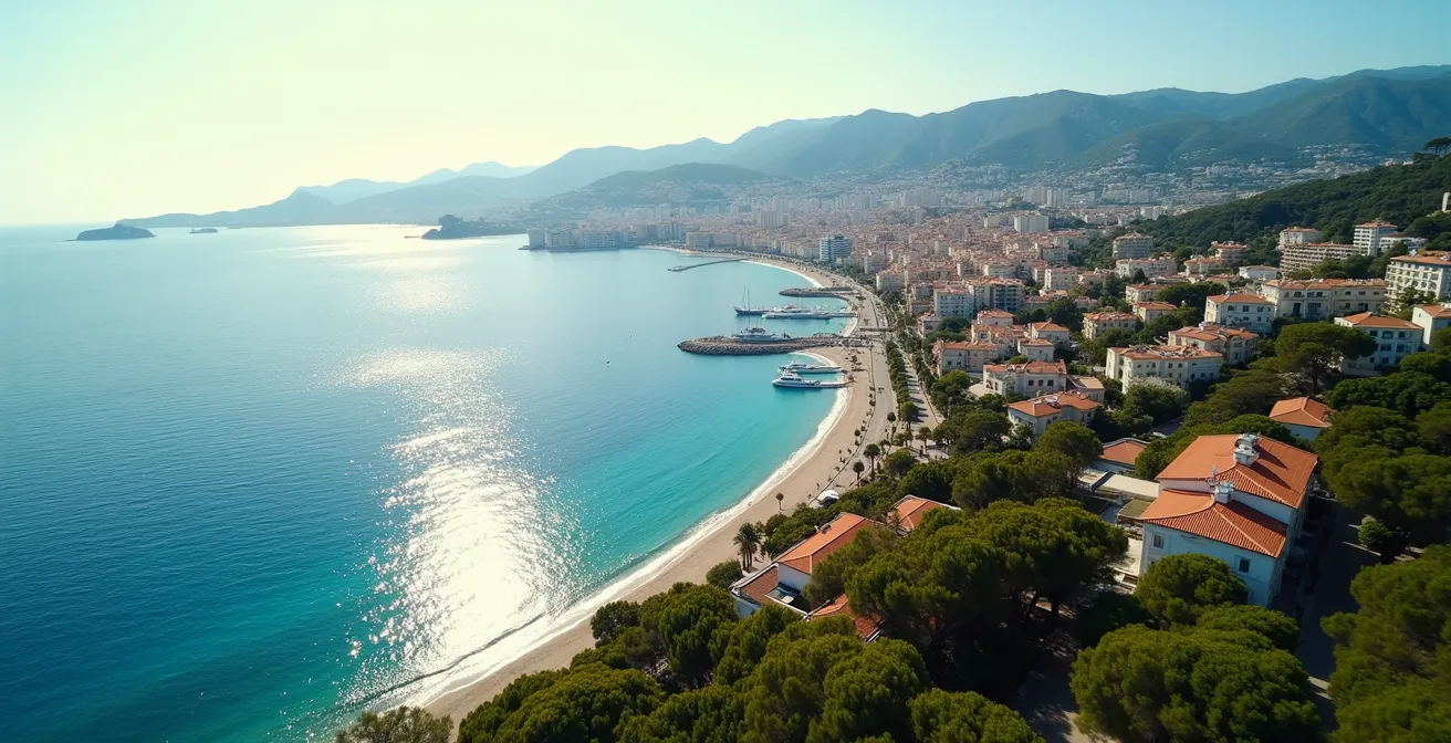 Vue aérienne panoramique de Cannes montrant différents quartiers de villas de luxe et la proximité du Palais des Festivals