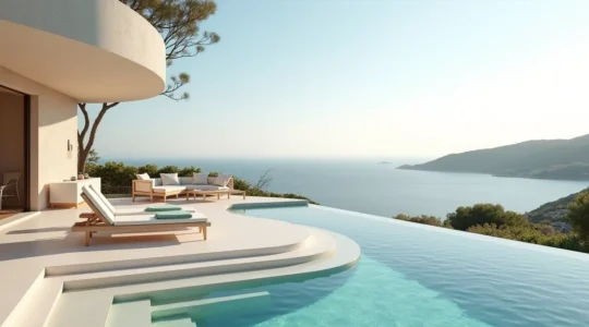 Elegant outdoor terrace of a luxury villa overlooking azure Mediterranean waters and golden beaches of Saint-Tropez at golden hour