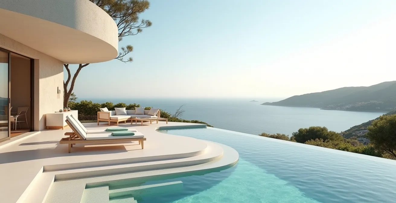 Elegant outdoor terrace of a luxury villa overlooking azure Mediterranean waters and golden beaches of Saint-Tropez at golden hour
