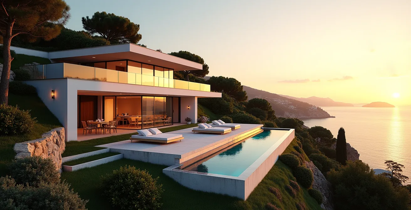 Luxury villa with panoramic sea views overlooking Cannes bay and Lérins Islands during golden hour