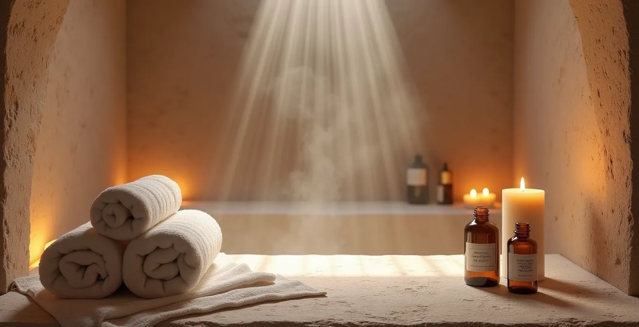 Elegant private spa room with natural stone hammam, soft lighting, and aromatic essential oil displays in a tranquil villa setting