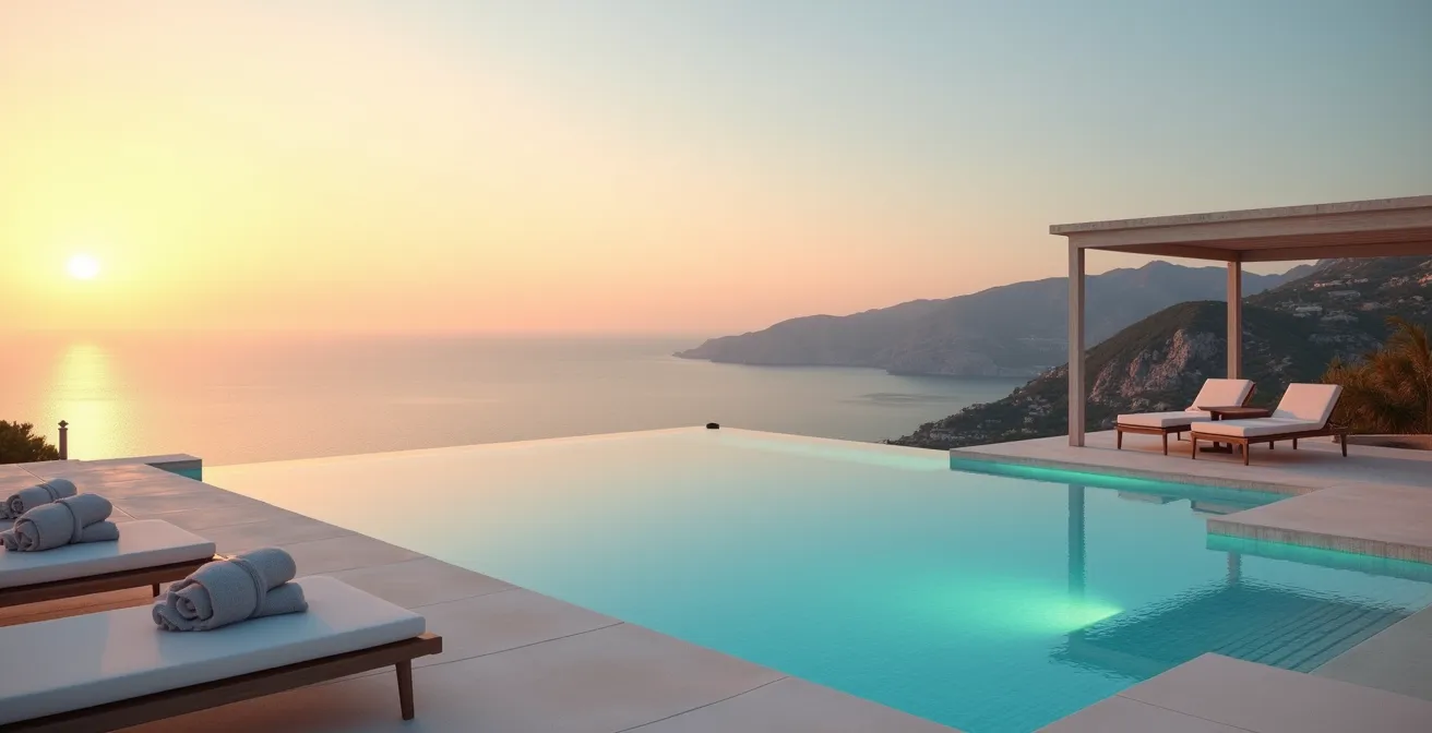 Serene private infinity pool at sunset with comfortable loungers and Mediterranean views, creating a peaceful sanctuary atmosphere