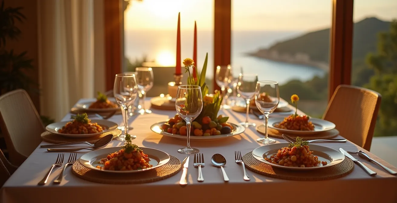 Table élégamment dressée pour un dîner gourmet dans une villa de luxe à Cannes