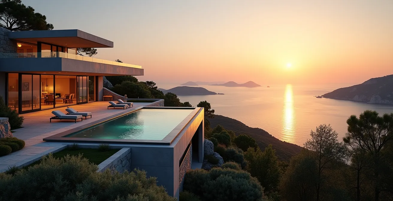 Vue panoramique d'une villa de luxe avec piscine à Cannes, Côte d'Azur, au coucher du soleil
