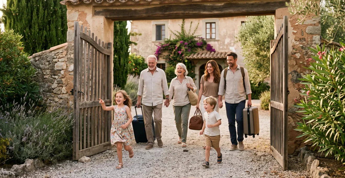 A multigenerational family arrives at a villa garden with luggage, children running ahead.