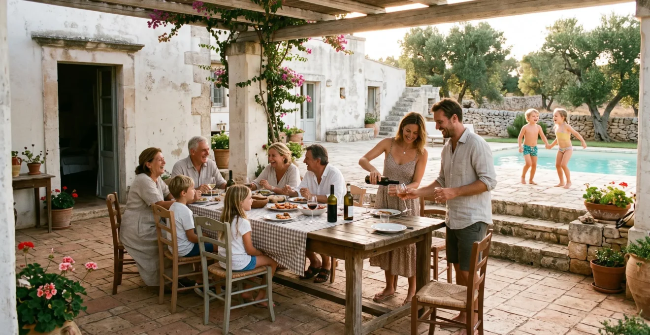 A multigenerational family shares an outdoor meal on a villa terrace at sunset.