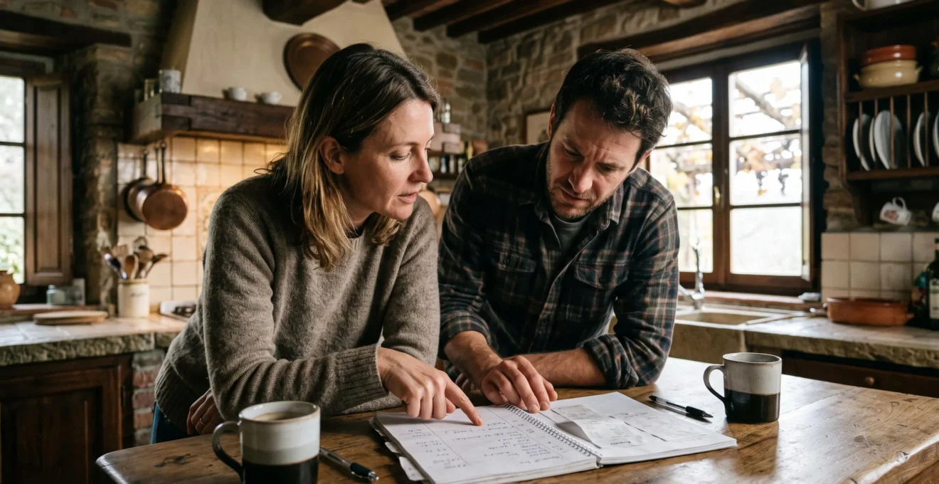 Two adults split holiday costs using a notebook in a villa kitchen.